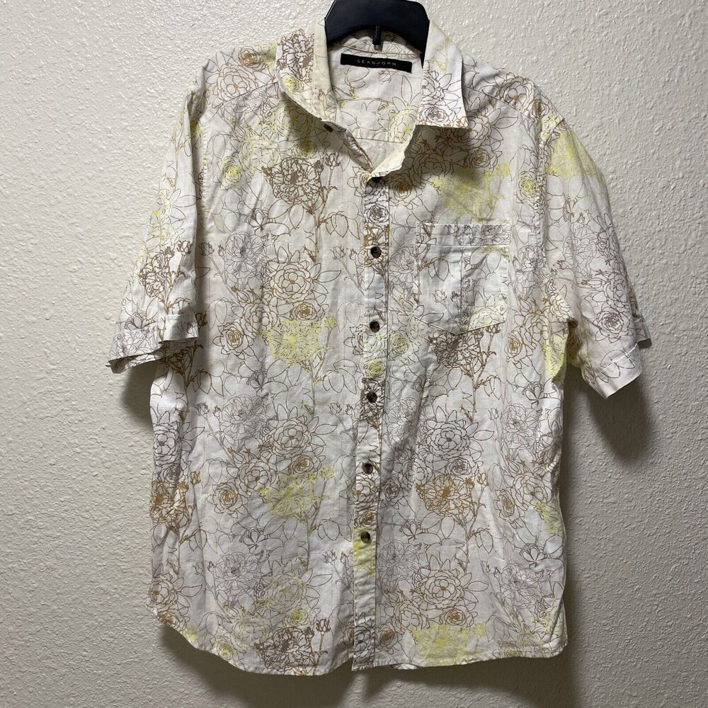 sean john Linen shirt 2xl White Yellow Flowers Pencil art button up plus ao